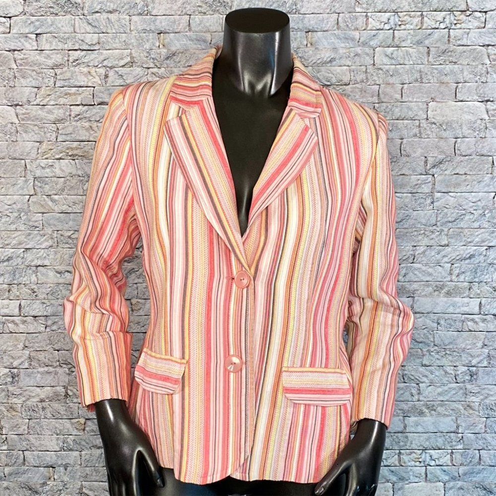 Dialogue Candy Pink Blazer Fitted Single Button Fun Stripe Pattern SZ Small